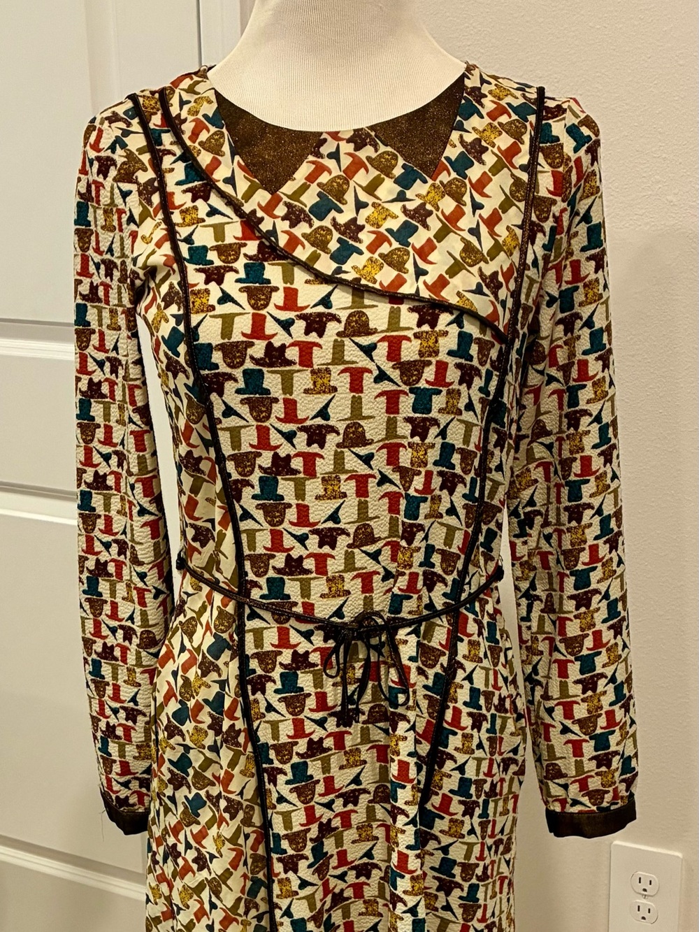 Cotélac Anthropologie Style Hat Print Long Sleeve Dress Belted Pockets Size 1